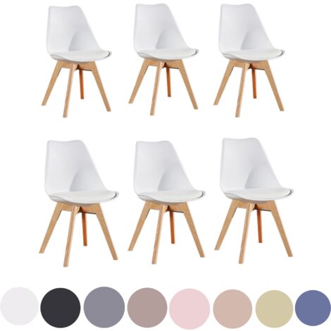 Set of 6 Lorenzo Scandinavian Minimalist Dining Chairs with Faux Leather Cushions and Solid Wood Legs - Side Chair for Dining Room Kitchen Office - White