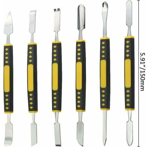Set of 6 mini double-ended metal disassembly tools for mobile phones and tablets.