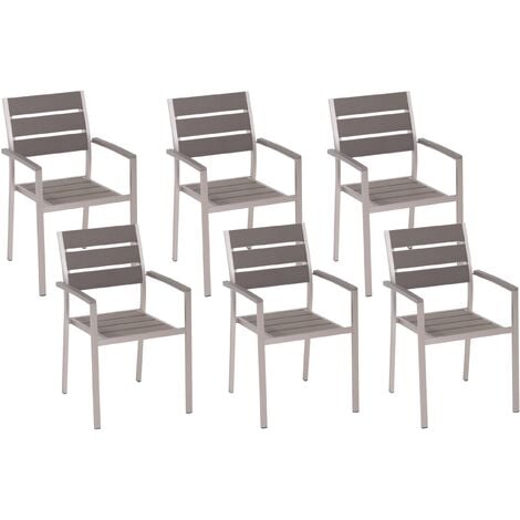 Set of 6 Modern Outdoor Dining Chairs Grey Plastic Wood Aluminium Frame Vernio - Grey