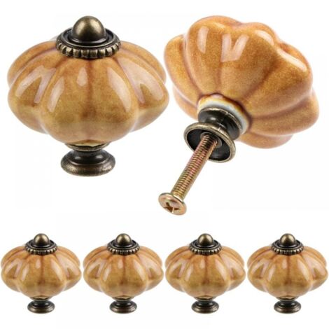 Set of 6 Round Ceramic Cabinet Knobs, Pumpkin Ceramic Handles - Antique Pumpkin Style