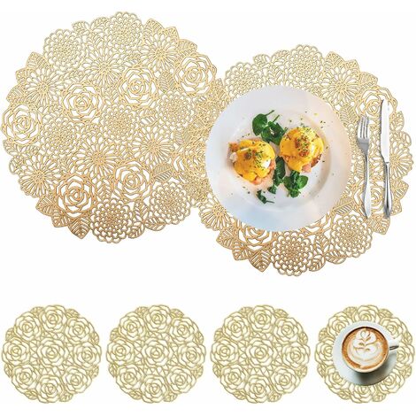 Set of 6 Set Table Rond et Dessous Verre Ronds, Set Table Rond évidé, Dessous Assiette Table, pour Tables Antidérapantes, Anti-Rayures, Décoratives (Doré)