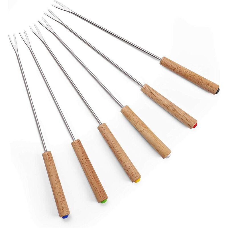 Set of 6 Stainless Steel Fondue Forks with Heat Resistant Wooden Handle 24cm