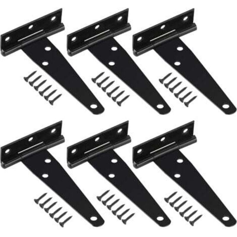 Set of 6 T-shaped hinges with mounting screws, heavy-duty door hinges for barn doors, wooden gates, and windows, black