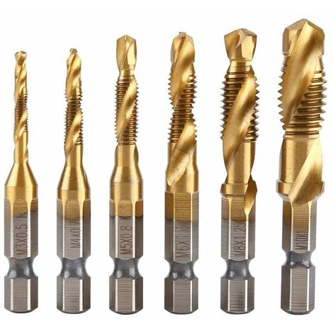 Set of 6 threaded taps, M3-M10 metric thread with HSS titanium coating and 1/4 "tapping bits with fluted hexagonal shank for tapping various threads.