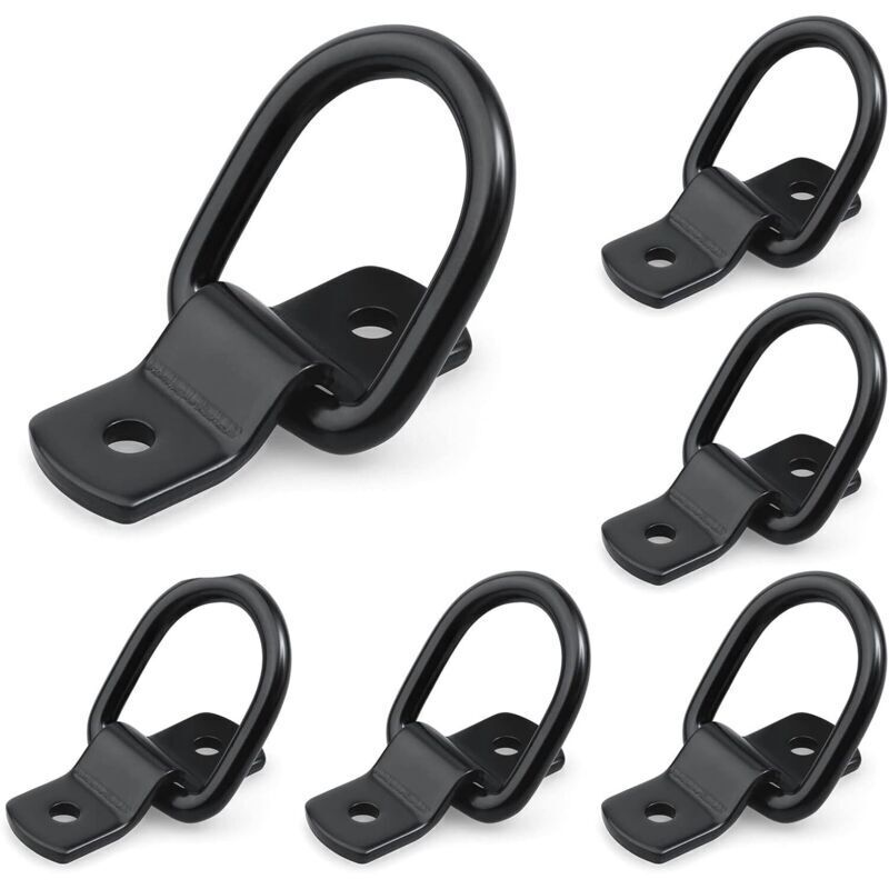 Set of 6 Tie-Down Rings with Screws and Brackets - Pull-Down Tie-Down Hooks - 400kg Load Capacity - Stainless Steel Black Tie-Down Rings - Fixing