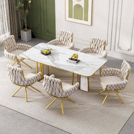 Set of 6, Velvet Dining Chair, Armchair, Single Luxurious Living Room and Bedroom Swivel Chair, Leisure Swivel Chair with Four Metal Support Legs, Beige