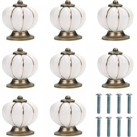 (Set of 8) – 1.4 x 1.5 inches – White and Gold Ceramic Pumpkin Cabinet Knobs with Screws, Vintage Round Furniture Knobs – For Home, Office, Kitchen Cabinets, Drawers and Dressers
