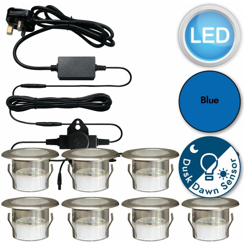 First Choice Lighting - Set of 8 - 45mm Brushed Steel IP67 Blue led Plinth Decking Kit with Dusk til Dawn Photocell Sensor - Brushed stainless steel
