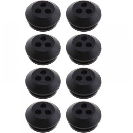 Set of 8 black rubber 3-hole fuel tank seals, 5mm hole diameter, for replacement on blowers, brush cutters, and lawnmowers