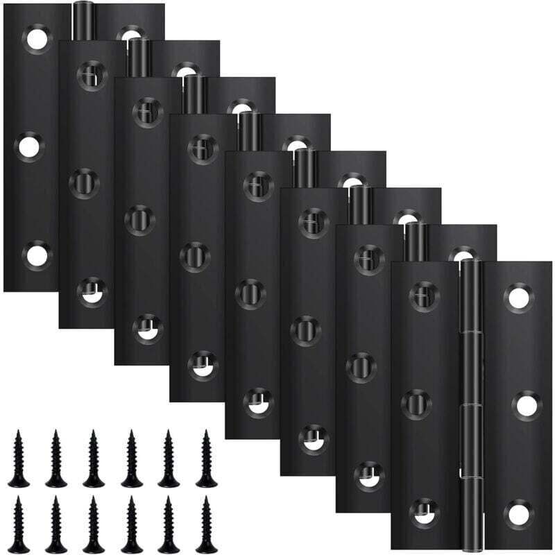 Set of 8 folding hinges 68 mm × 38 mm, black stainless steel hinge, piano hinge, small hinge, door hinge for doors, windows, cabinets with 48 screws