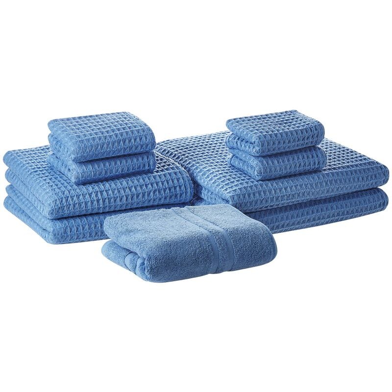 Set of 9 Cotton Bathroom Towels Zero Low Twist with Bath Mat Blue Areora