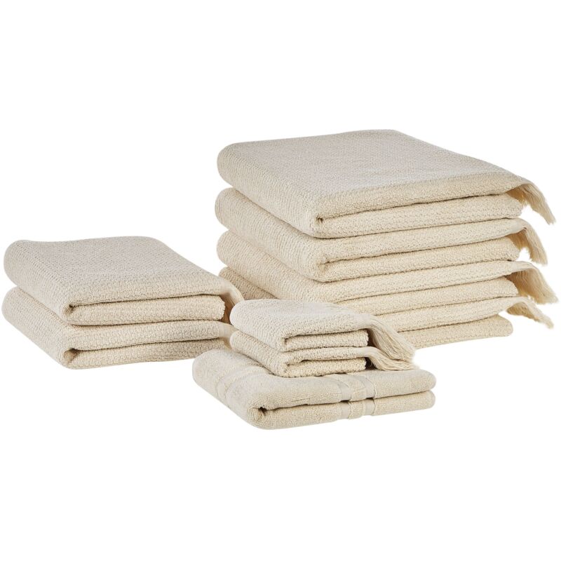 Beliani - Set Of 9 Terry Cotton Polyester Bath Sheets Towels Soft Tassels Beige Atiu