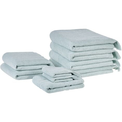 Set of 9 Terry Cotton Polyester Bath Sheets Towels Soft Tassels Mint Atiu