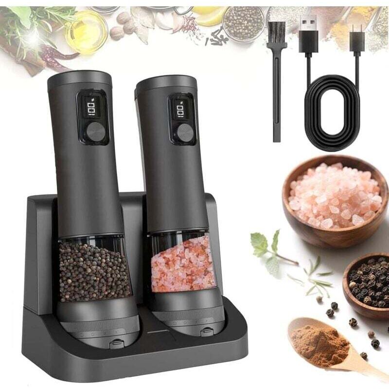 Set of electric salt and pepper mills, large 100ml capacity and 5 grind settings (black)