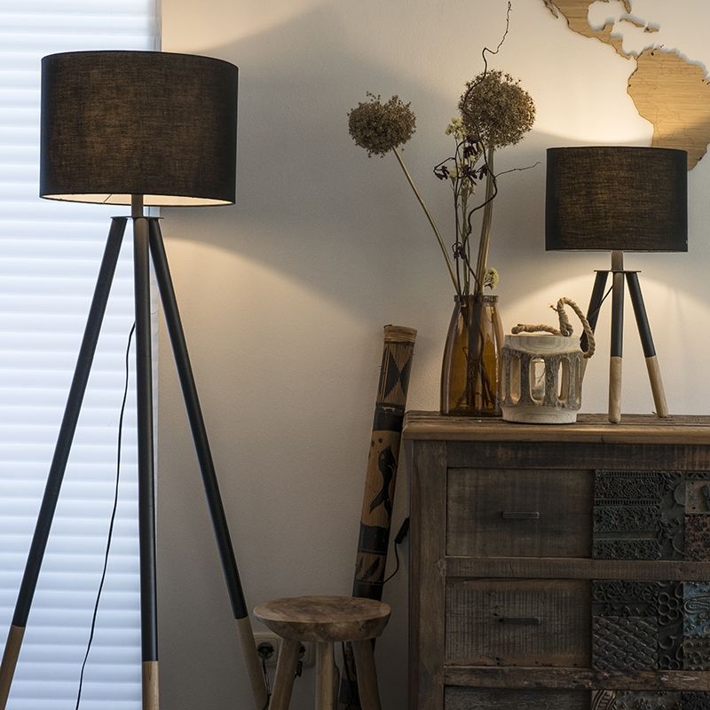 Set of Table and Floor Lamp with Black Lampshade - Pip