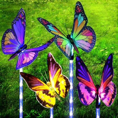 Set of Four Solar Garden Lights with Color Changing Fiber Optic Butterflies and Waterproof LED Light Spikes for Patio and Garden Decoration