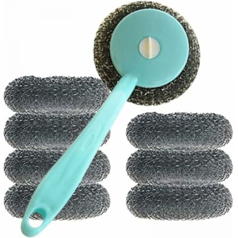 Set of Long-Handled Pot Brush Kitchen Cleaning Set - 1 long-handled blue pot brush + 8 individual steel wool balls