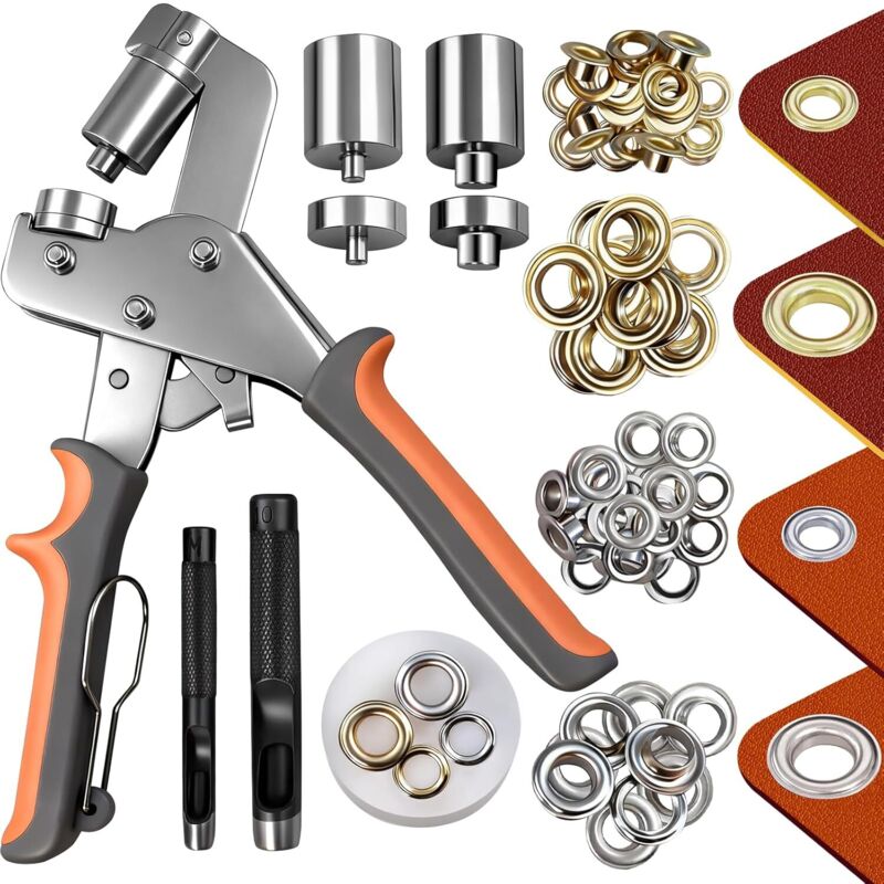 Set of Metal Eyelets 6 mm and 10 mm – 500 Pieces With Pliers and Punch Tool, Ideal for Tarpaulins, Curtains, Leather, Fabrics, and Craft Work