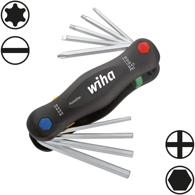 Wiha - Multitool PocketStar® internal hexagon, slotted Phillips, torx 9 pcs., quick access at the push of a button, can be used as long handle and