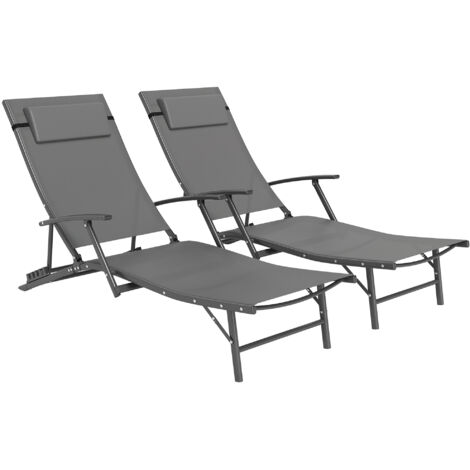 Set of Two Adjustable Back Sun Loungers - Grey