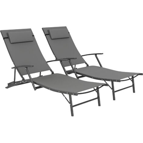 Set of Two Adjustable Back Sun Loungers - Grey