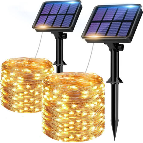 Set of two outdoor solar string lights, 150 waterproof LEDs, 8 lighting modes, ideal for garden, patio, yard, Christmas, wedding, warm white