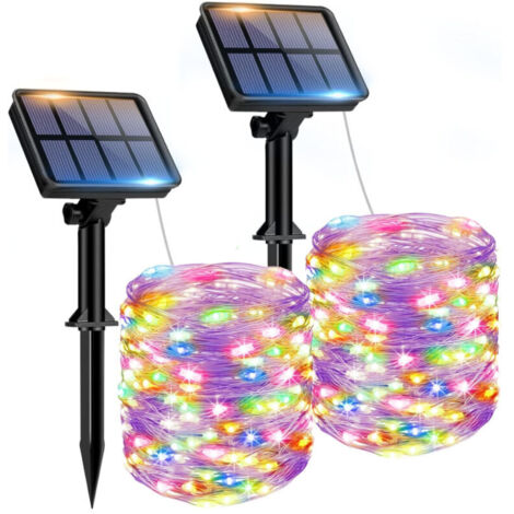 Set of two outdoor solar string lights, 150 waterproof LEDs, 8 lighting modes, ideal for gardens, patios, yards, Christmas, weddings, colorful lights