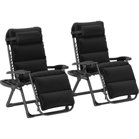 Set of Two Reclining Sun Loungers, with Cushion - Black