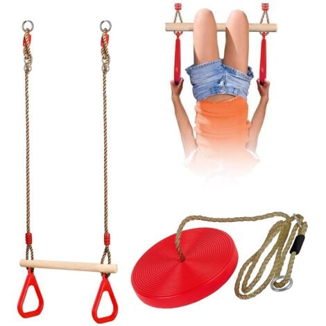 Set of Wooden Trapeze Monkey Bar Swing & Plate Disc Rope Swing Seat Garden Toy