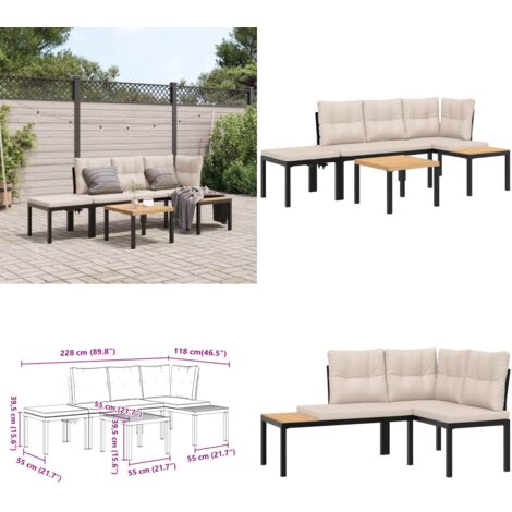 Set Panche Giardino Cuscini 4pz Nero Acciaio Verniciato Polvere - Tavolo da giardino - Sgabello da giardino