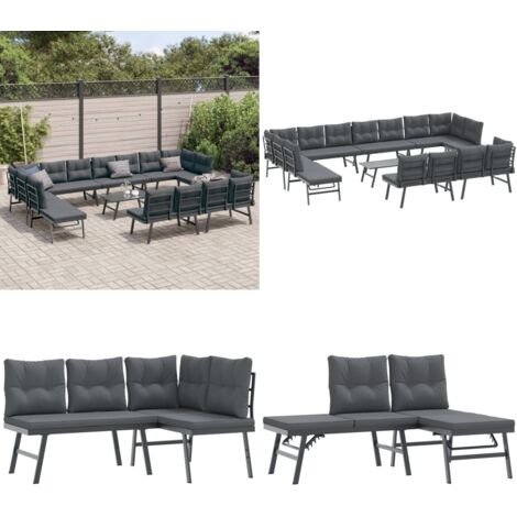 Set Panche Giardino Cuscini 9pz Nere Acciaio Verniciato Polvere - Panchine da giardino - Sedute da esterno
