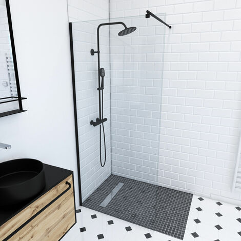 Set Parete Doccia Trasparente 80x200cm - Barra di Supporto Estensibile e Profilo Nero