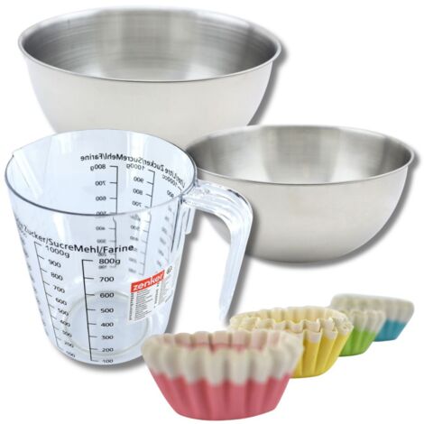 Set pâtisserie avec 100 moules à muffins en papier, 2 bols à mixer, verre mesureur et spatule Zenker