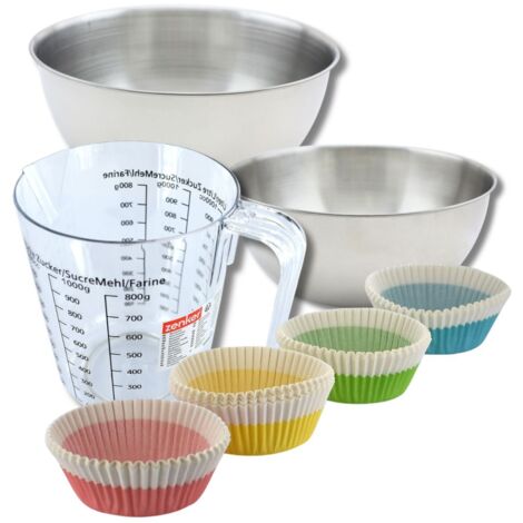 Set pâtisserie avec 100 moules à muffins papier 5 cm, 2 bols à mixer, verre mesureur et spatule Zenker