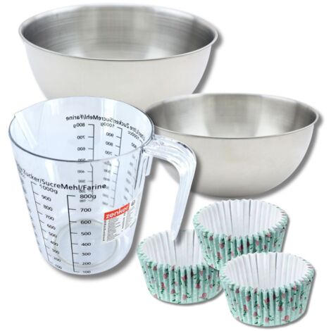 Set pâtisserie avec 50 moules à muffins fleurs liberty en papier, 2 bols à mixer, verre mesureur et spatule Zenker