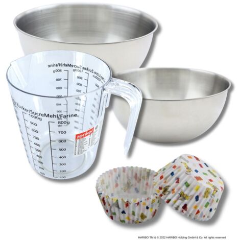 Set pâtisserie avec 50 moules à muffins motif ourson en papier, 2 bols à mixer, verre mesureur et spatule Zenker