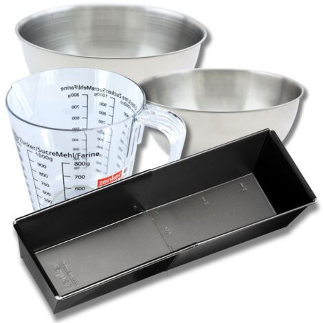 Set pâtisserie avec grand moule à cake extensible, 2 bols à mixer, verre mesureur et spatule Zenker