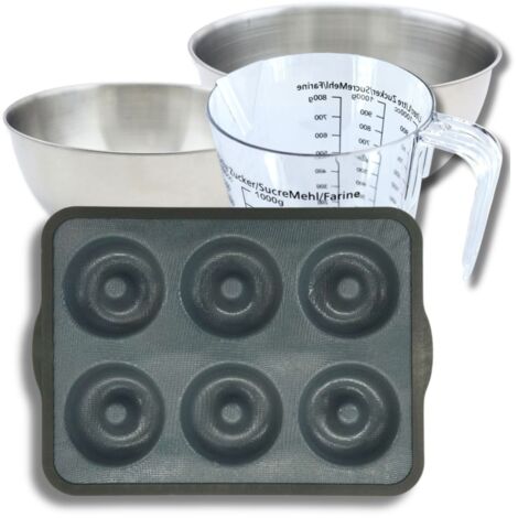 Set pâtisserie avec moule 6 donuts 36 x 26 cm en silicone, 2 bols à mixer, verre mesureur et spatule Zenker