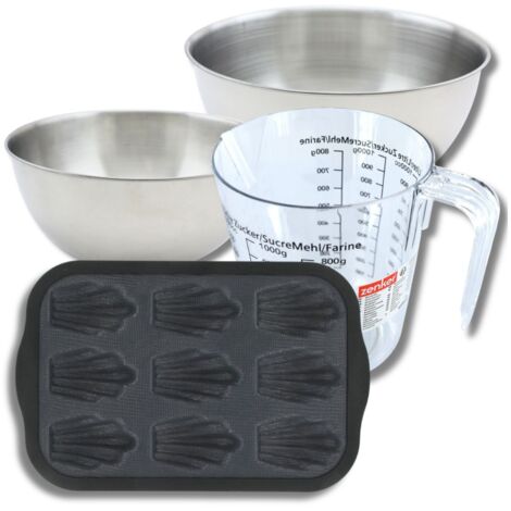 Set pâtisserie avec moule 9 madeleines 28 x 18 cm en silicone, 2 bols à mixer, verre mesureur et spatule Zenker