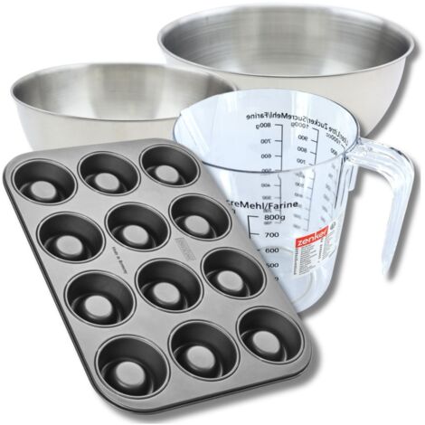 Set pâtisserie avec moule à 12 babas au rhum 38,5 x 26,5 cm en acier, 2 bols à mixer, verre mesureur et spatule Zenker
