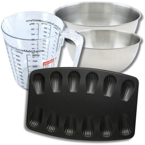 Set pâtisserie avec moule à 12 madeleines, 2 bols à mixer, verre mesureur et spatule Zenker