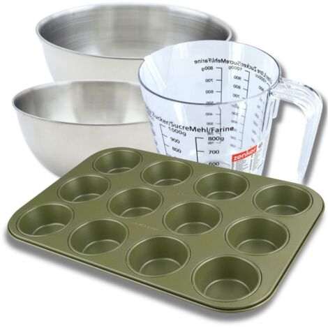 Set pâtisserie avec moule à 12 muffins revêtu cire de carnauba, 2 bols à mixer, verre mesureur et spatule Zenker