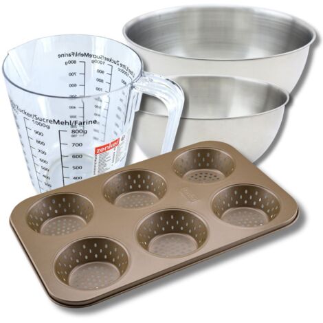 Set pâtisserie avec moule à 6 petits pains 33 x 22 cm en acier, 2 bols à mixer, verre mesureur et spatule Zenker