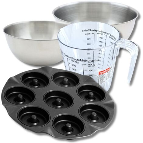 Set pâtisserie avec moule à 8 beignets 33 cm en acier, 2 bols à mixer, verre mesureur et spatule Zenker