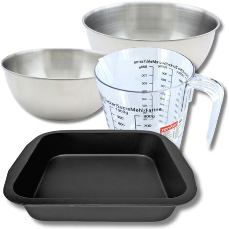 Set pâtisserie avec moule à brownie 27 x 26 en acier, 2 bols à mixer, verre mesureur et spatule Zenker