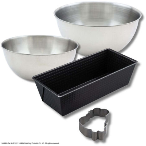 Set pâtisserie avec moule à cake 25 cm et emporte-pièce motif ourson, 2 bols à mixer et spatule Zenker