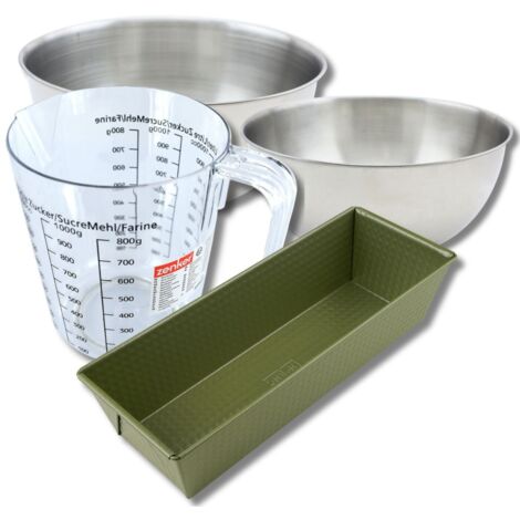Set pâtisserie avec moule à cake 30 cm revêtu cire de carnauba, 2 bols à mixer, verre mesureur et spatule Zenker