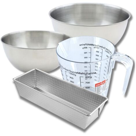 Set pâtisserie avec moule à cake acier 25 cm, 2 bols à mixer, verre mesureur et spatule Zenker