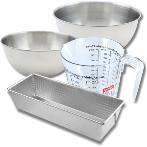 Set pâtisserie avec moule à cake acier 30 cm, 2 bols à mixer, verre mesureur et spatule Zenker