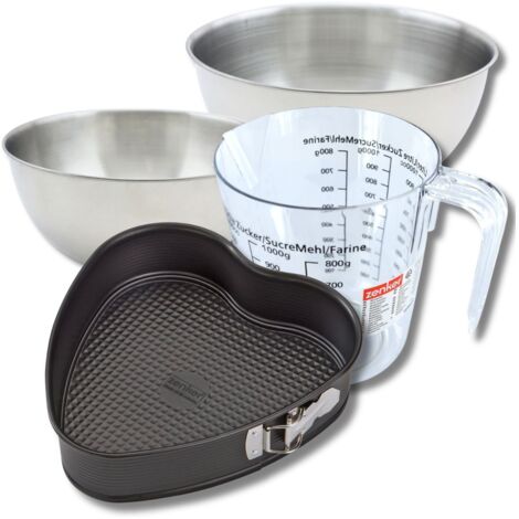 Set pâtisserie avec moule à gâteau cœur 27 x 25 cm en acier, 2 bols à mixer, verre mesureur et spatule Zenker
